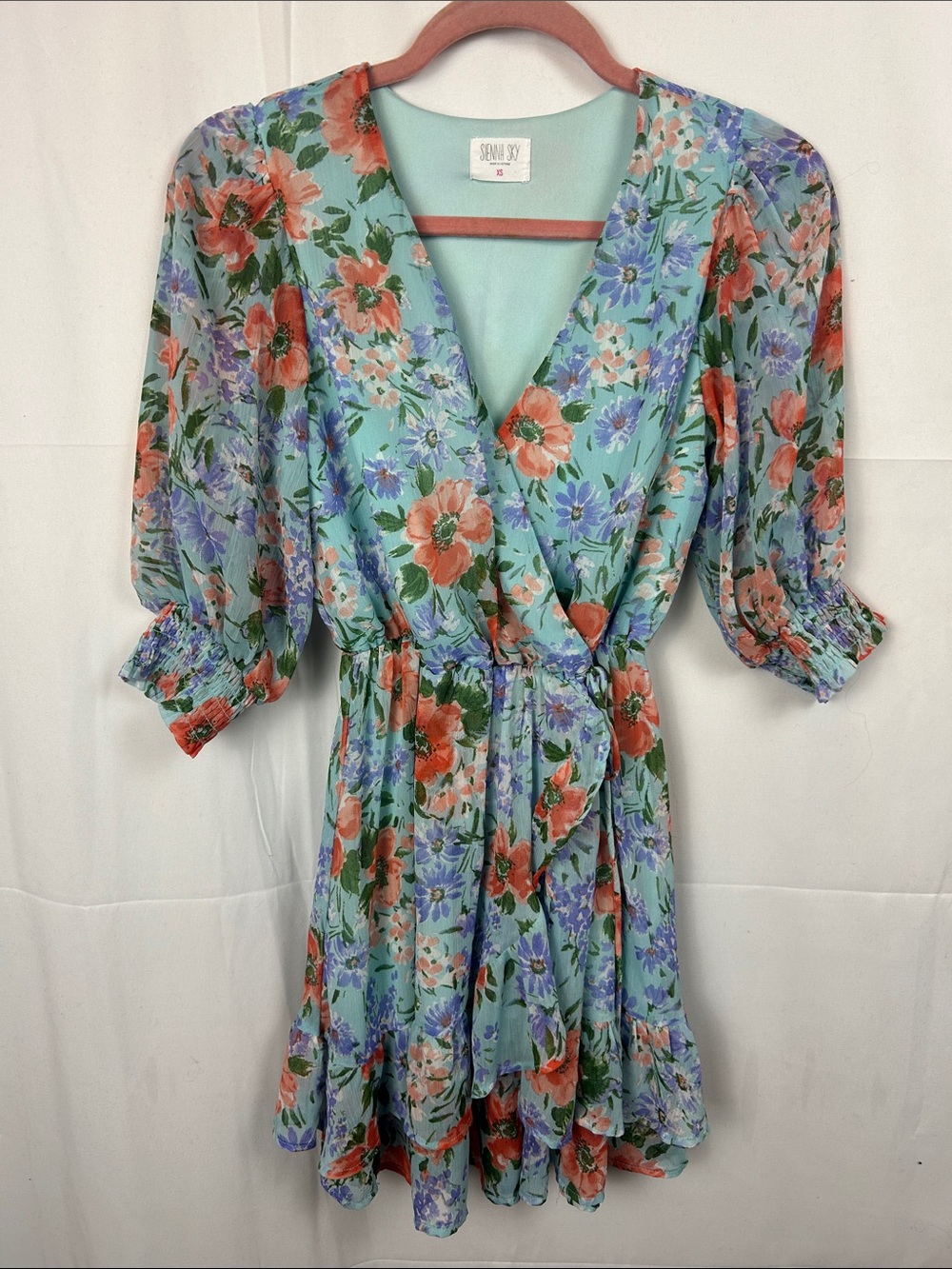 Sienna Sky Aqua Floral Wrap Mini Dress with Coral & Lavender Blooms